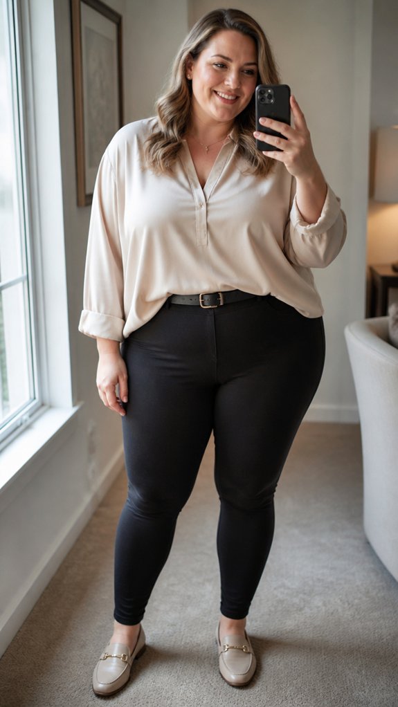blouse loafers half tuck elegance
