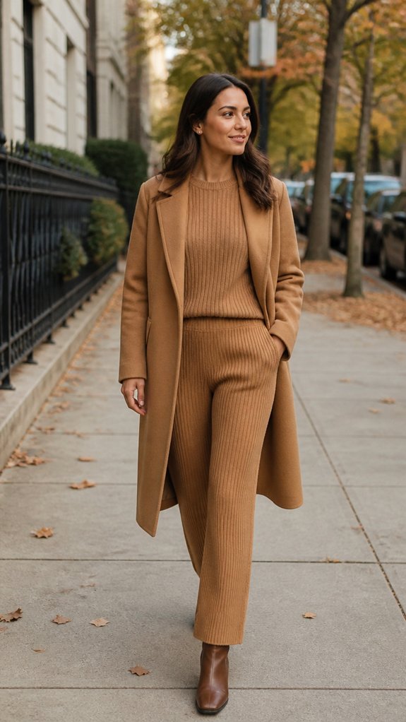 camel coat with knitset
