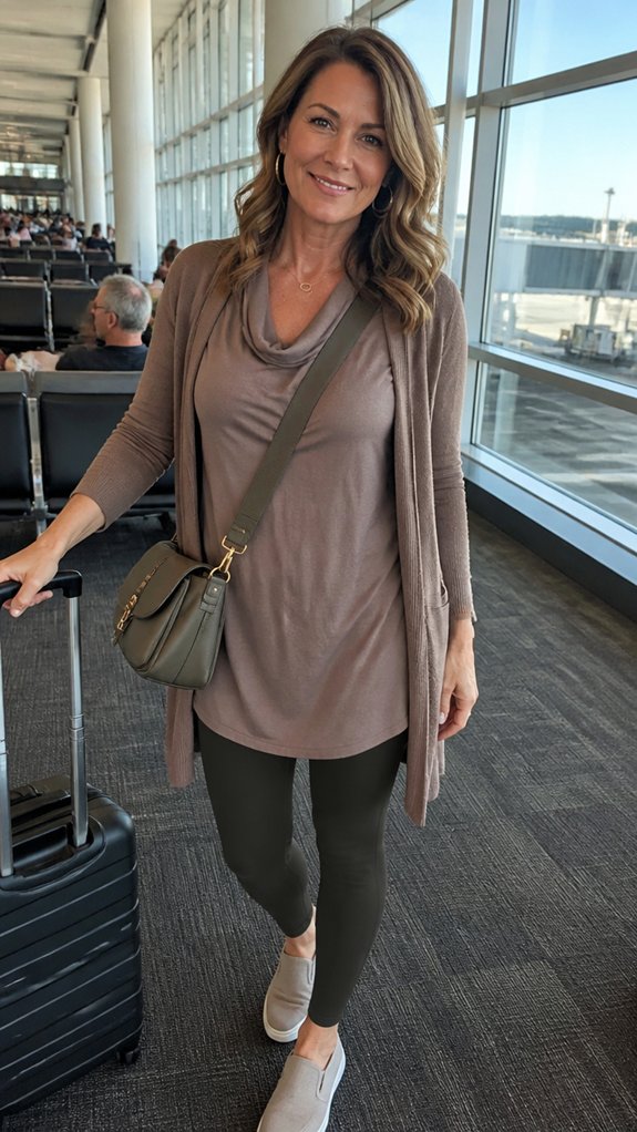 comfortable layered travel outfit