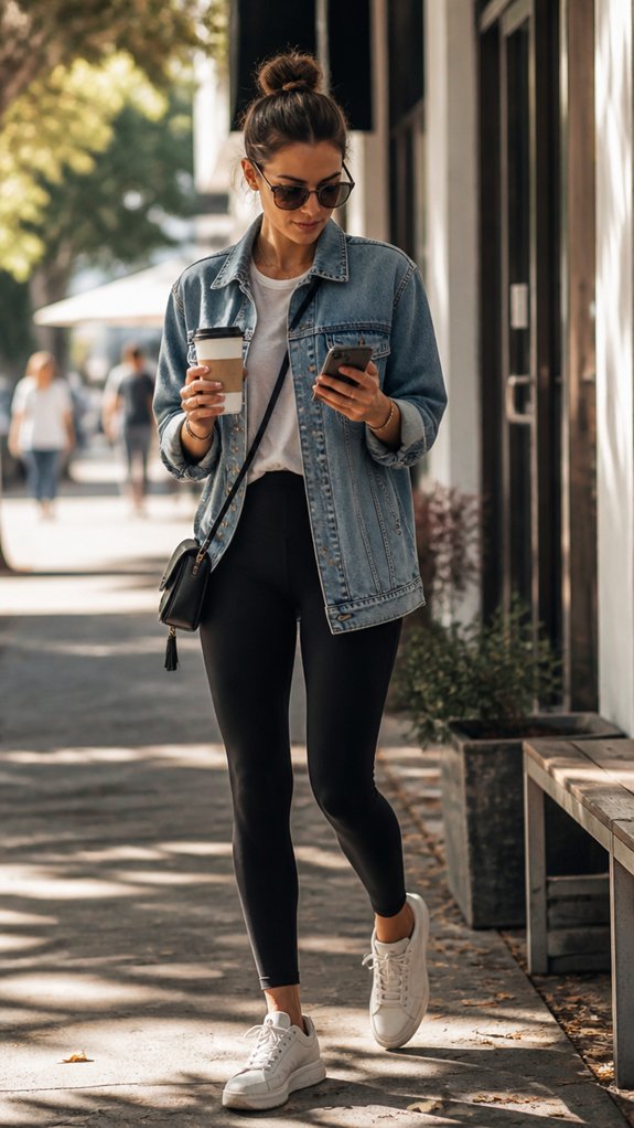 denim shacket over black leggings