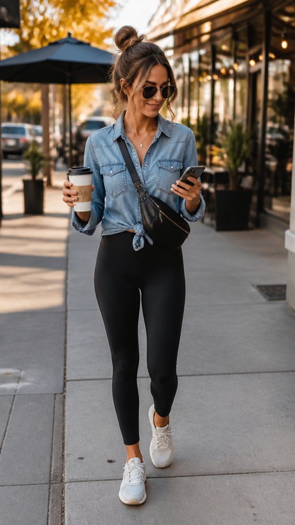 denim shirt over black leggings styling