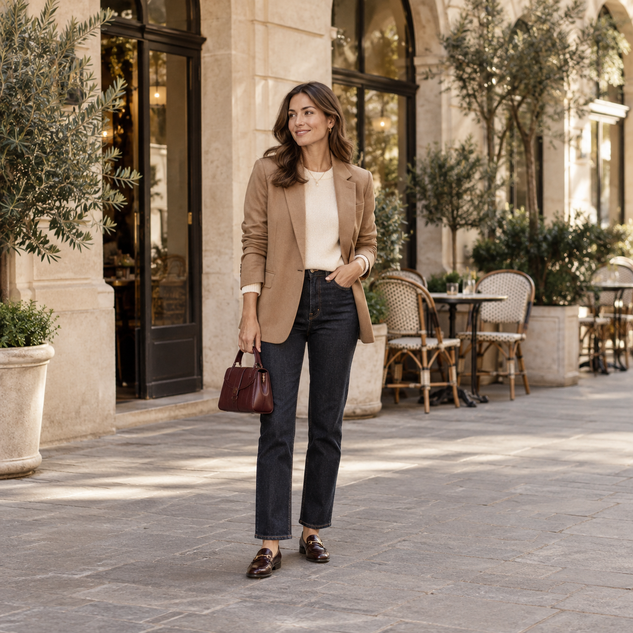 Neutral everyday outfit with a tailored camel blazer, light top, and relaxed trousers