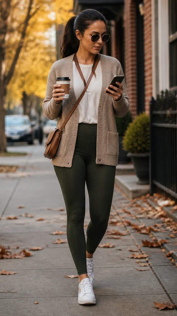 layered outerwear flatters leggings