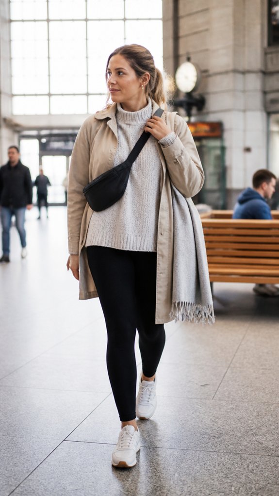 leggings fitted top cardigan scarf
