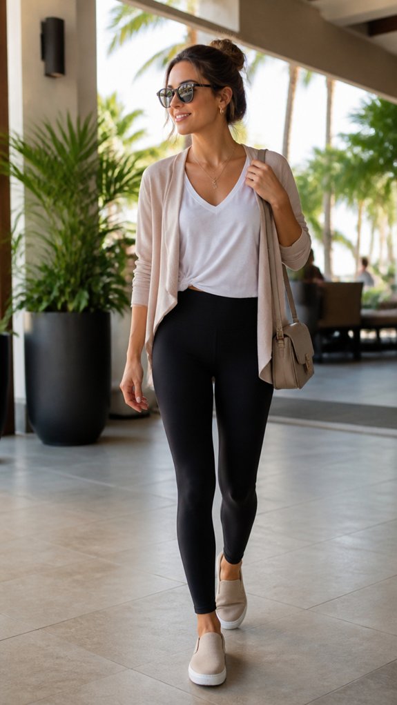 lightweight neutral layered travel outfits