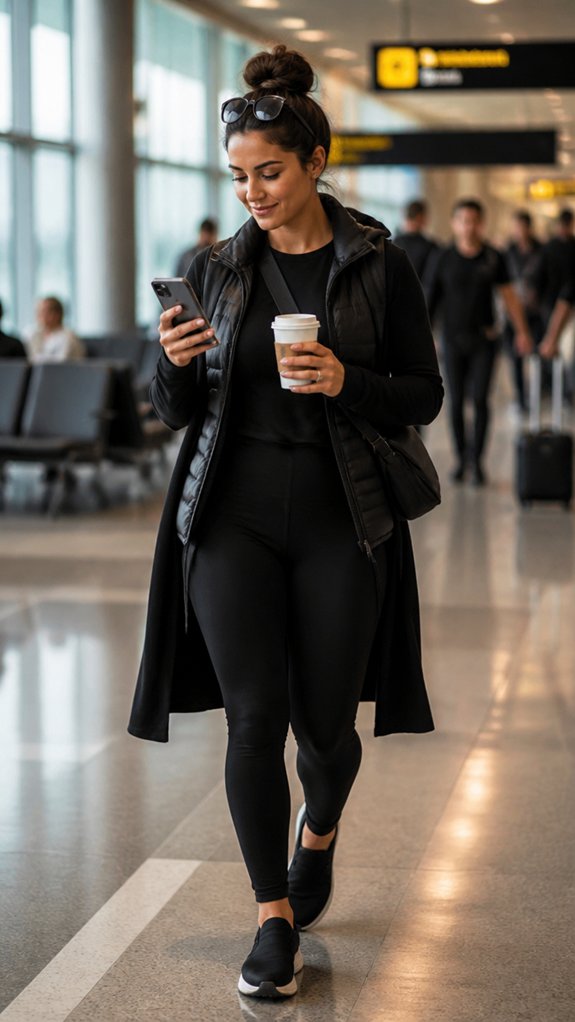 monochrome layered textured airport outfit
