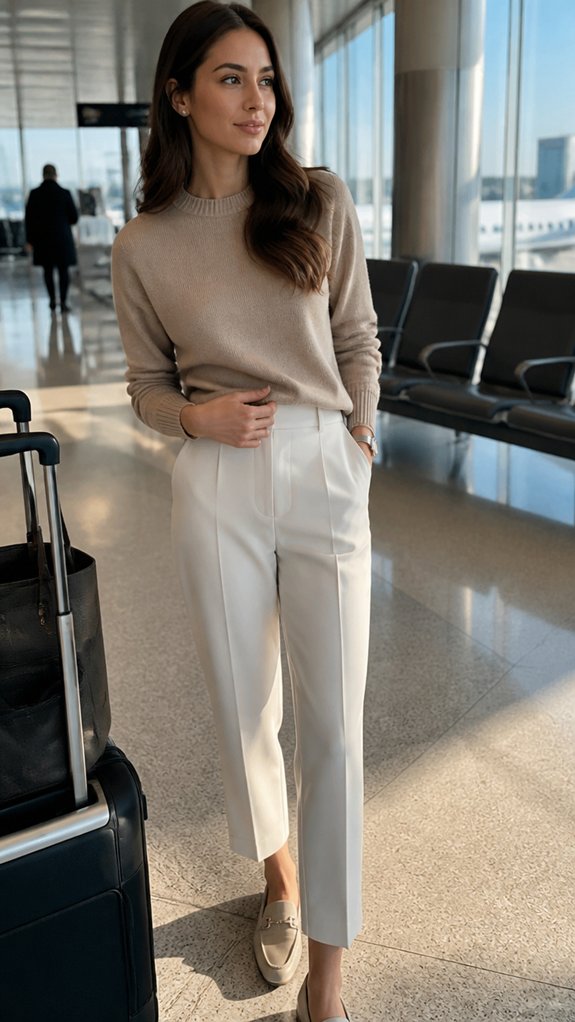neutral tailored trousers with knit