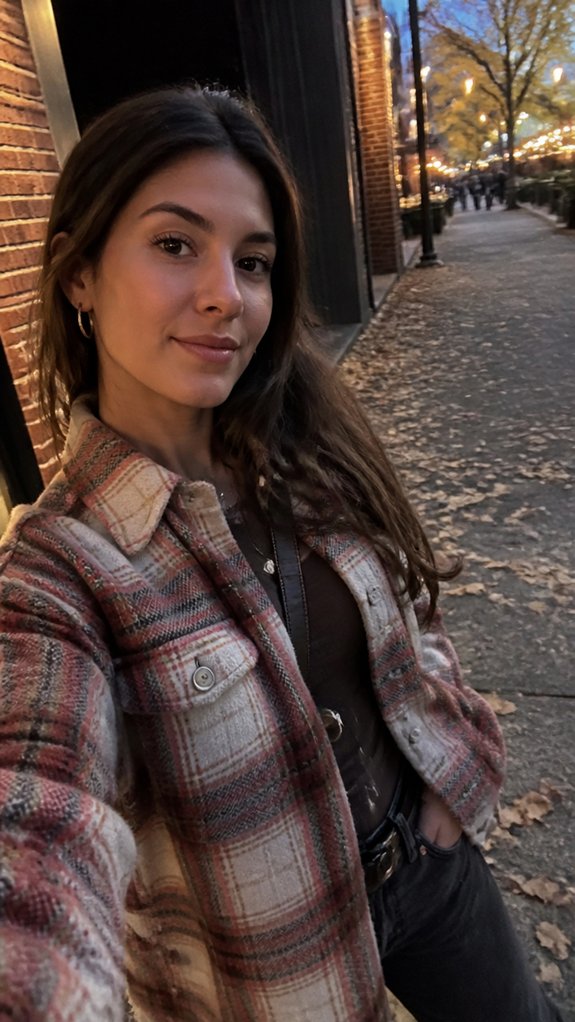 plaid shacket cozy layered look
