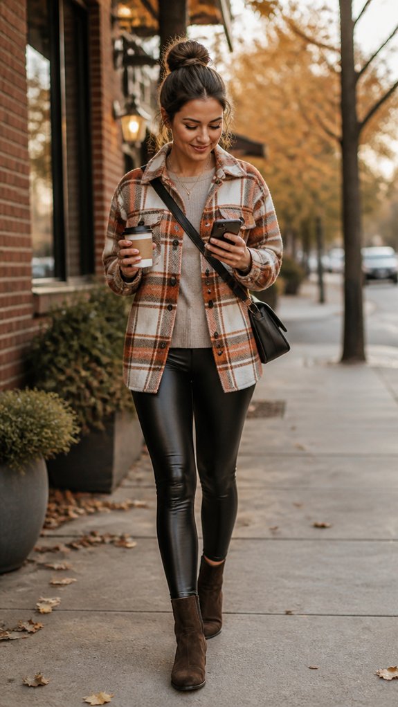 plaid shacket leather leggings