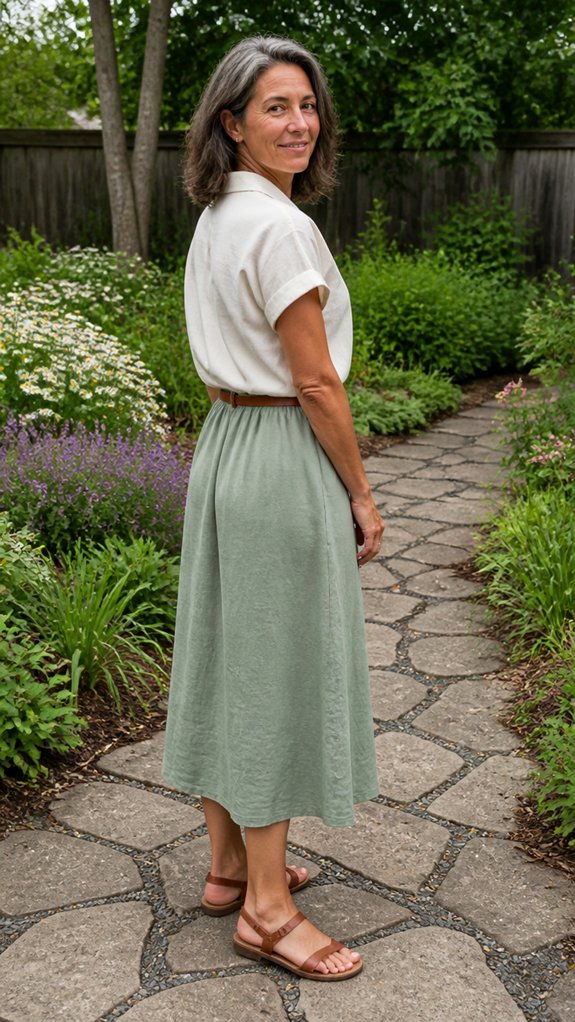 pleated midi with tucked blouse