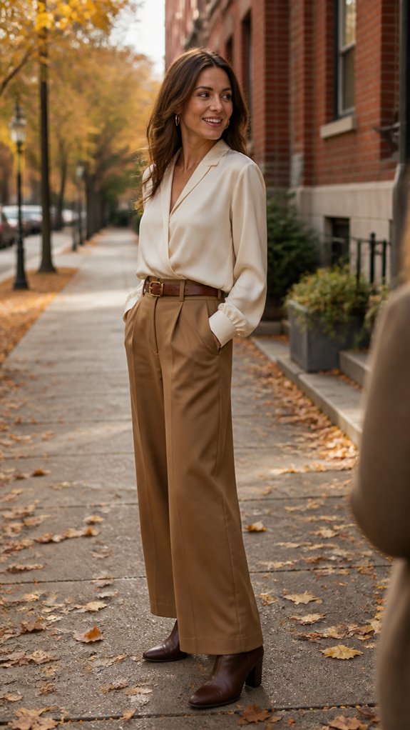 silk blouse with pleated trousers