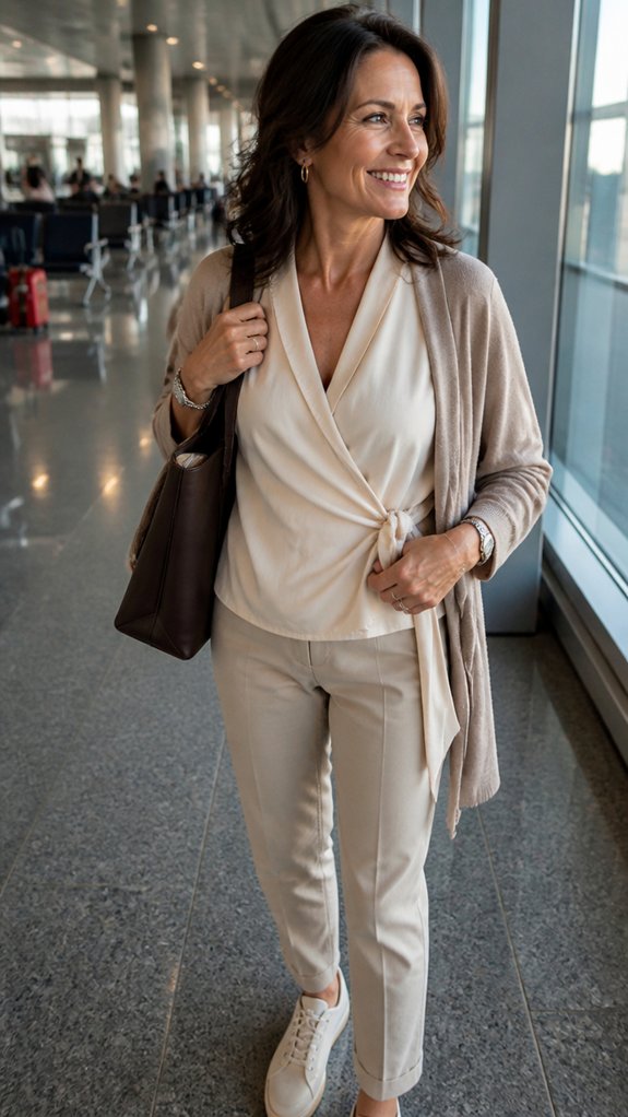 silky wrap top travel outfit