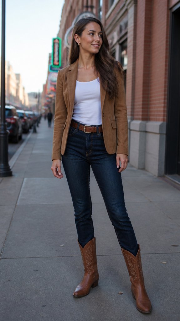 tailored blazer with cowboy boots