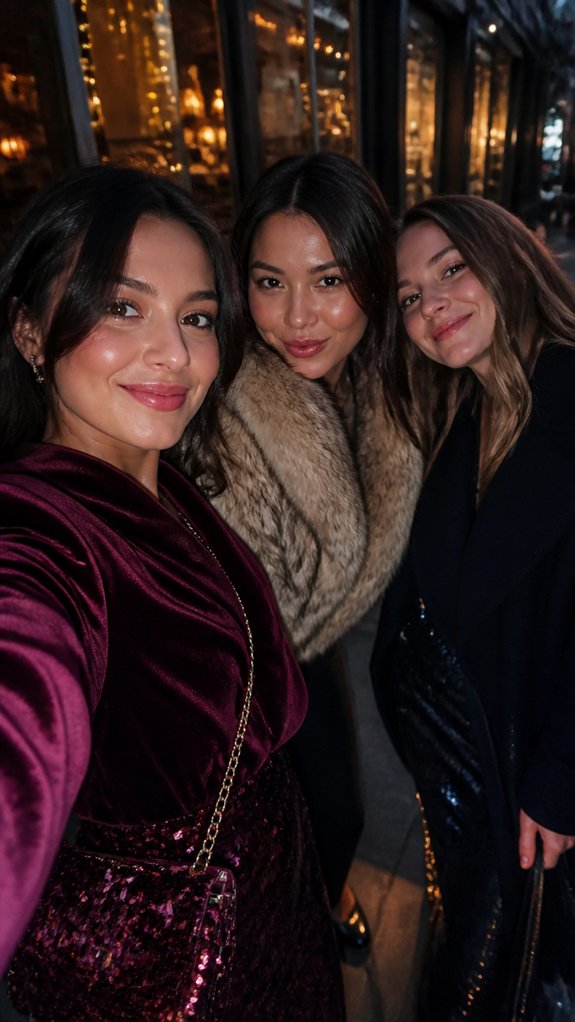 velvet sequins faux fur accents