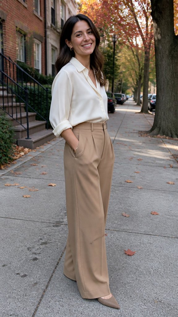 wide leg pants belted blouse